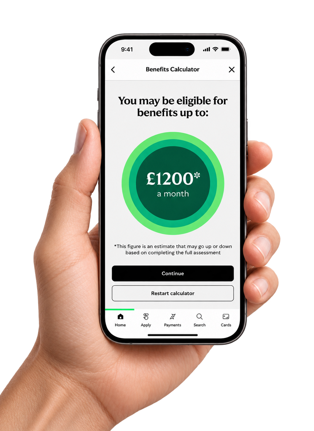 Lloyds Bank Benefits Calculator results screen — £1200 a month estimate