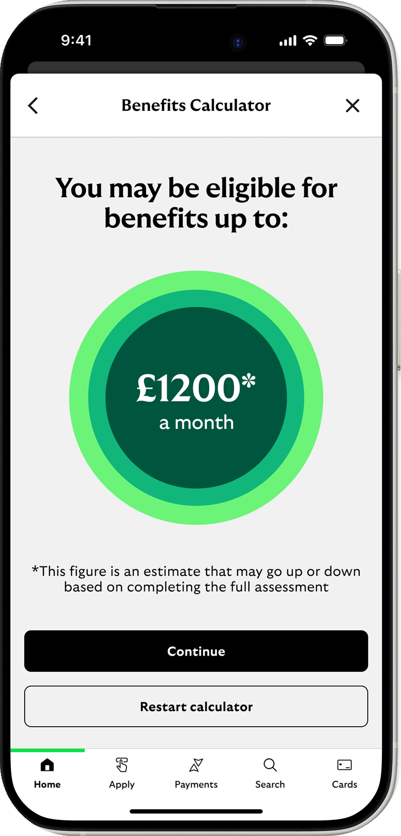 Lloyds Bank Benefits Calculator results screen — £1200 a month estimate